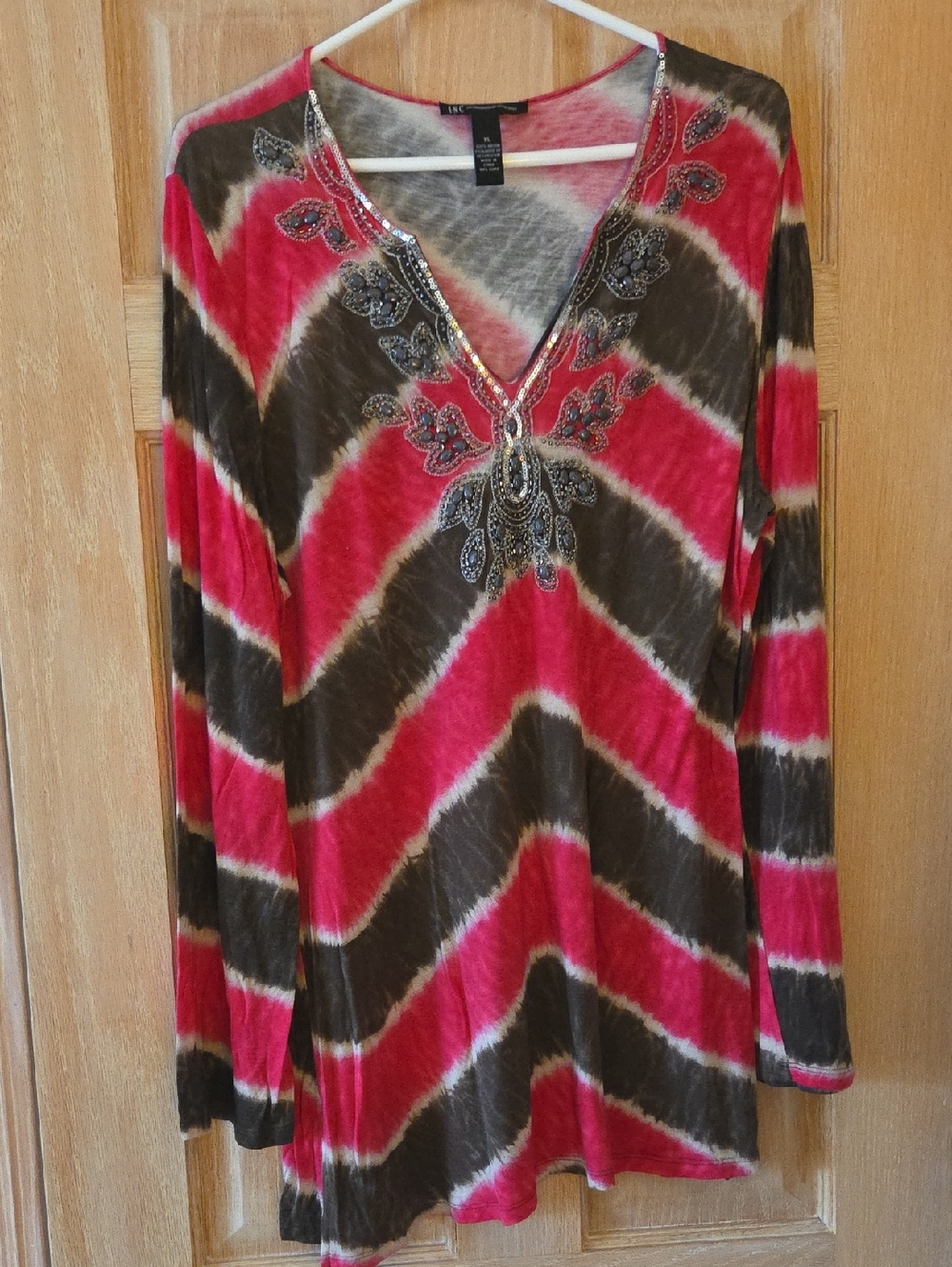 INC International Concepts Pink & Brown Embellished V-Neck Tunic